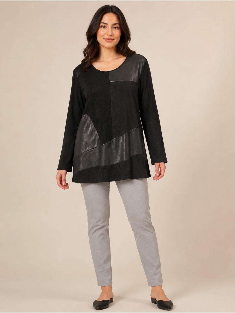 Travelers by Chico’s Black Faux Leather Long -Sleeve Patchwork